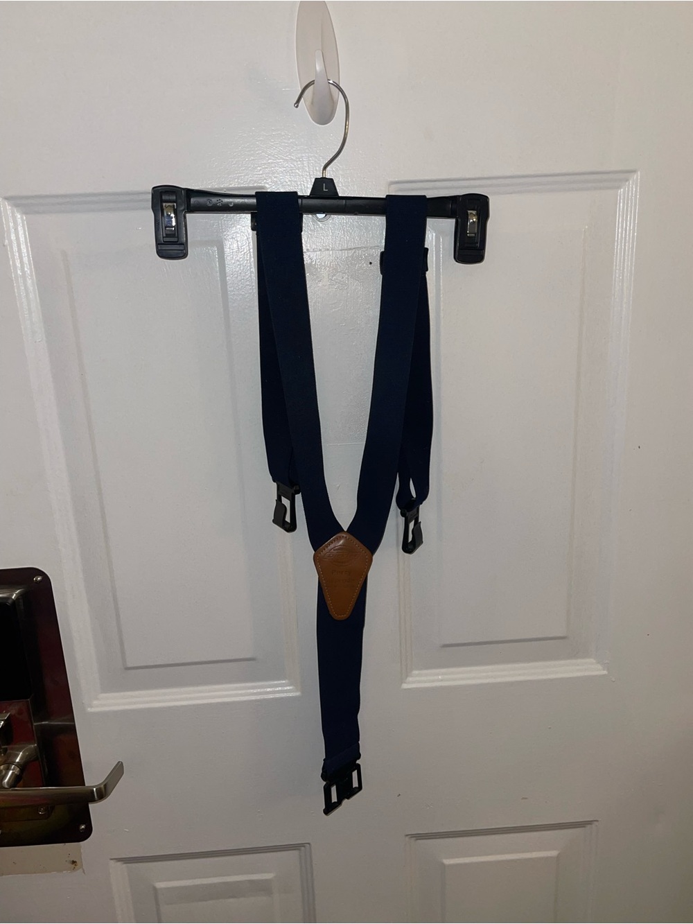 Navy Blue Elastic Suspenders with Brown Leather Accent